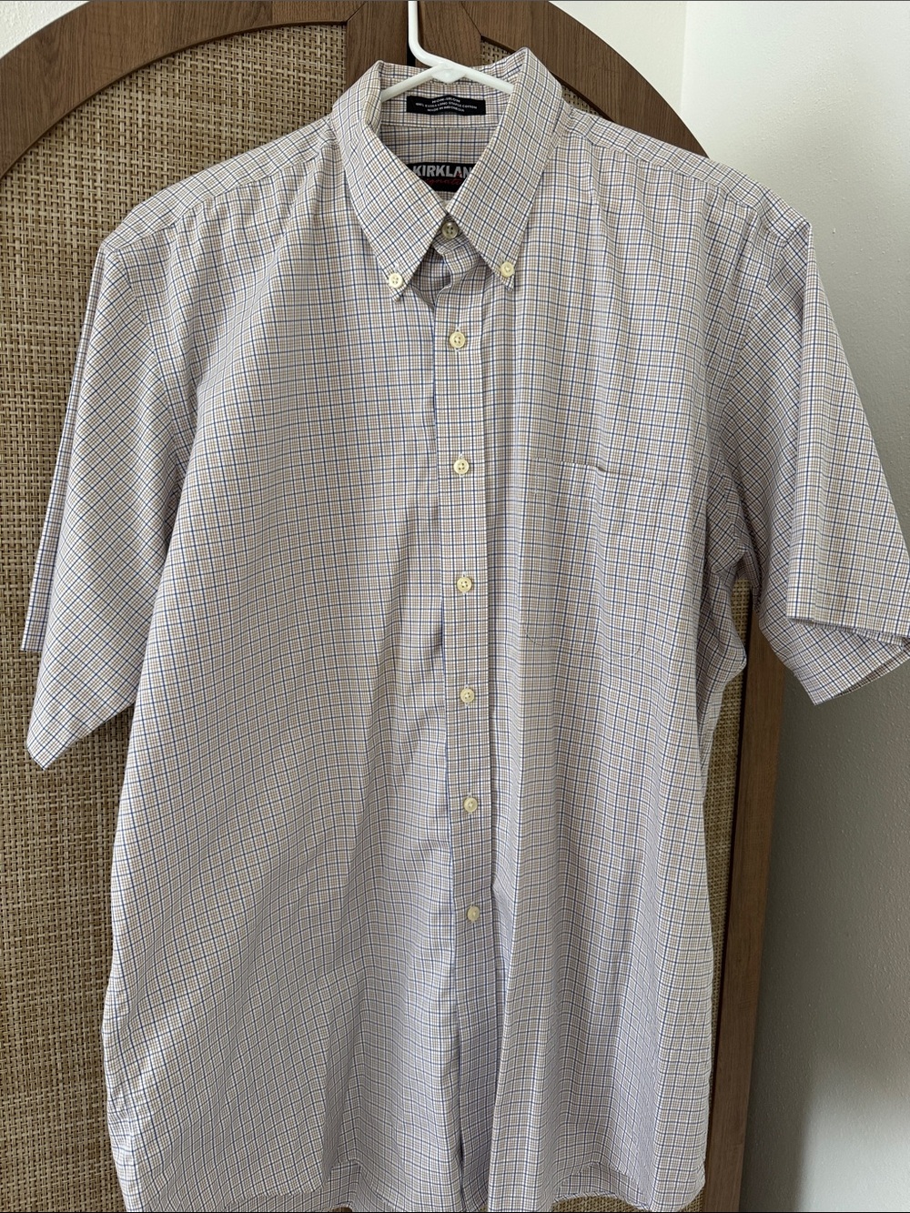 Kirkland Signature Men’s XL Non-Iron Cotton Blue Beige Check Short Sleeve Shirt